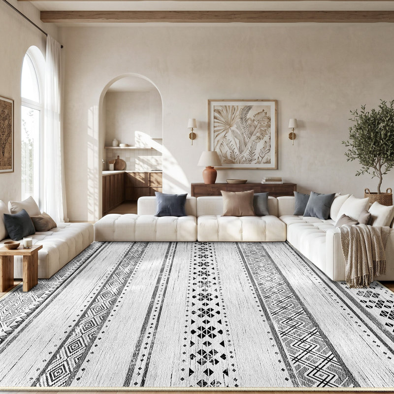 Geometric Pattern Non-Slip Area Rug, Machine Washable Soft Polyester Floor Mat for Home Decor, Greyblack, Rectangle 9'x12'