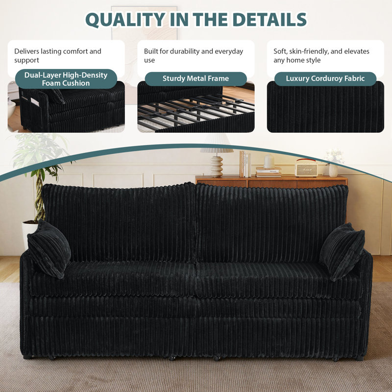 73" Pull Out Sofa Bed with Side Pocket& USB,3-in-1 Sleeper Sofa Corduroy Couch, Black