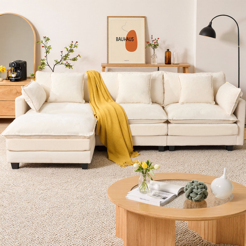 Canapé modulaire en L avec repose-pieds CloudHaven, canapé rembourré 3 places en chenille pour salon et appartement, dossier rembourré avec repose-pieds mobile, design moderne américain
