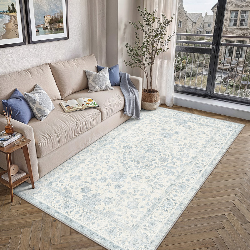 Tapis Elora lavable à la machine à motif floral avec envers antidérapant bleu, Blue, Rectangulaire 3 pi x 5 pi