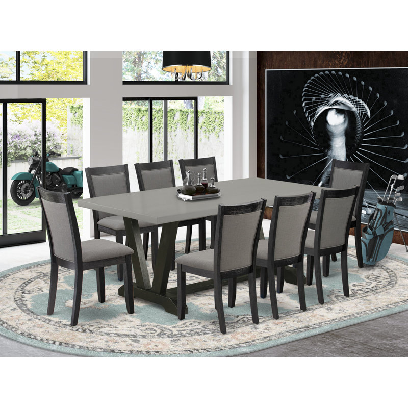 Modern Dining Set - A Dining Table with Trestle Base and Linen Fabric Kitchen Chairs with High Back, 9, Dark Gotham Gray