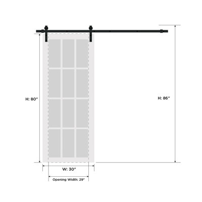 Porte coulissante de style grange avec quincaillerie Lucia 2555 Blanc Soie avec vitrage clair, rail de 2 m (6,6 pi), robuste, panneaux intérieurs en bois massif, 76 cm x 203 cm (30 po x 80 po), vitrage transparent, rail argenté