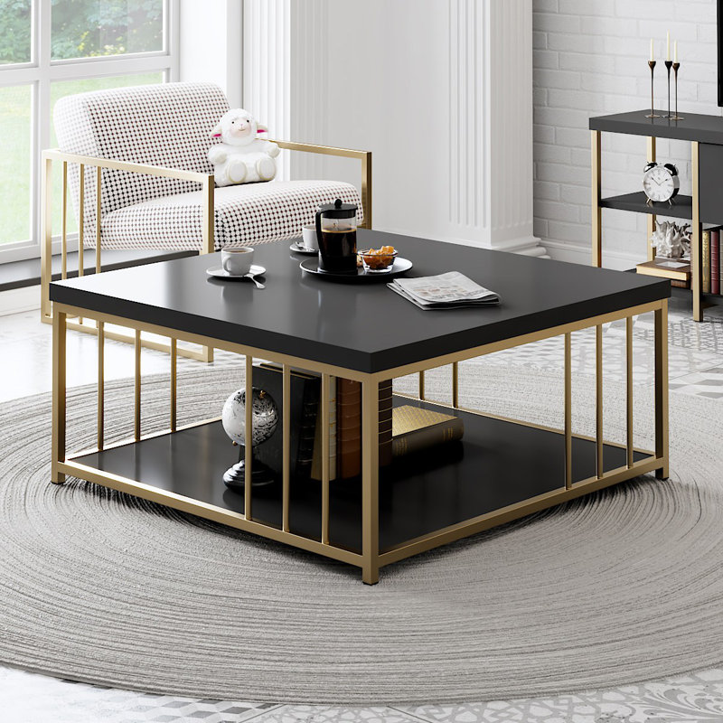 Modern Coffee Table, Anthracite & Gold, 35.4 x 35.4 x 15.7 inches | 100% Melamine Coated Particle Board, Top Thickness: 1.4 inches | Sturdy Metal Legs, Stylish Design for Living Room, Chic & Glam Décor