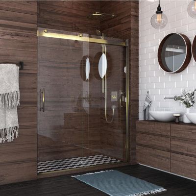 Luna Lite 48 in. W x 76 in. H Sliding Bypass Frameless Shower Door in Brushed Gold with 5/16 in. (8mm) Clear Glass