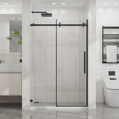Porte de douche coulissante l 48 po x H 72 po, porte de douche en verre lisse sans cadre, verre trempé transparent de 1/4 po (6 mm) d'épaisseur avec revêtement facile à nettoyer, quincaillerie en acier inoxydable, noir mat