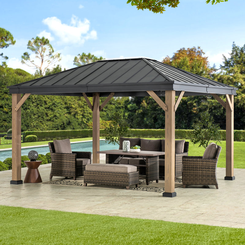 Sunjoy 11 x 13 ft. Hardtop Gazebo Outdoor Black Steel Frame Gazebo with Skylight for Patio, Garden and Backyard Activities
