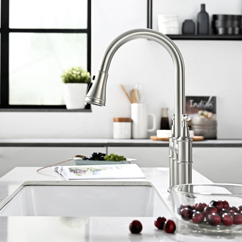 3 Hole Brushed Nickel Bridge Kitchen Faucet With Pull Down Sprayer,2 Handle Faucet For Kitchen Sinks Pull Out Sprayer Kitchen Sink Faucet
