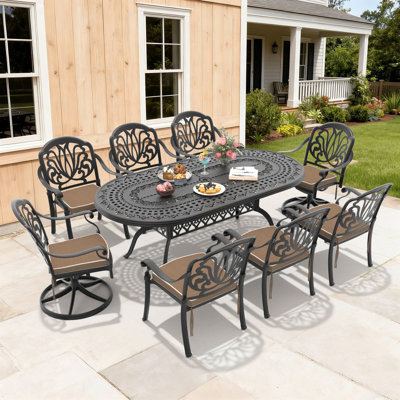 Table de salle à manger ovale en aluminium moulé pour l'extérieur (81,89 po L) et 2 chaises pivotantes, 6 chaises empilables avec coussins bruns (ensemble de 9 pièces)