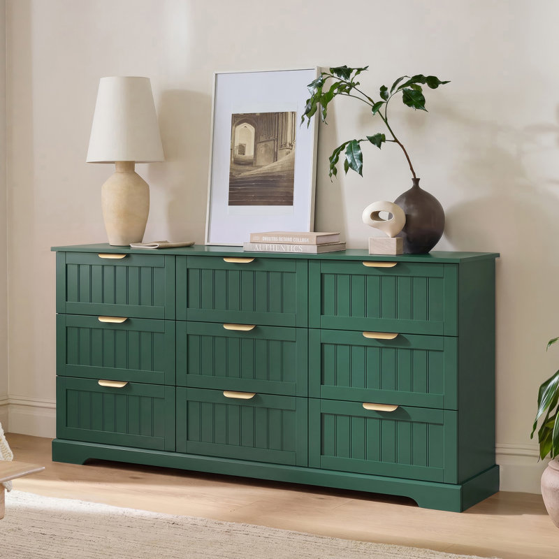 Commode 9 tiroirs, commode moderne l 63 po avec poignée en métal, Green