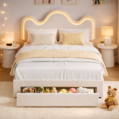 Queen Size RGB LED Light Upholstered Platform Bed Frame with App/Remote Control, Adjustable Headboard & Under-Bed Storage Drawer, Wooden Slats, Noise-Free, No Box Spring Needed, Easy Assembly - White