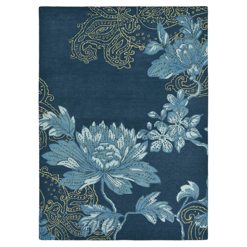Floral Area Rug in Navy/Gold, Rectangle 6'7" x 9'2"