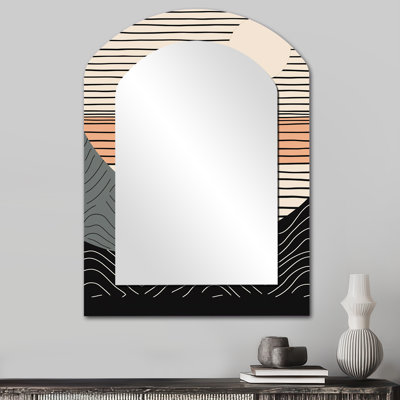 Simple Horizon III - Abstract Shapes Arch Mirror, Peach Asymmetrical Unique Wall Mirror, Printed Metal Art