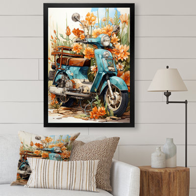 Turquoise Scooter Coastal Flowers - Scooter Canvas Art Print