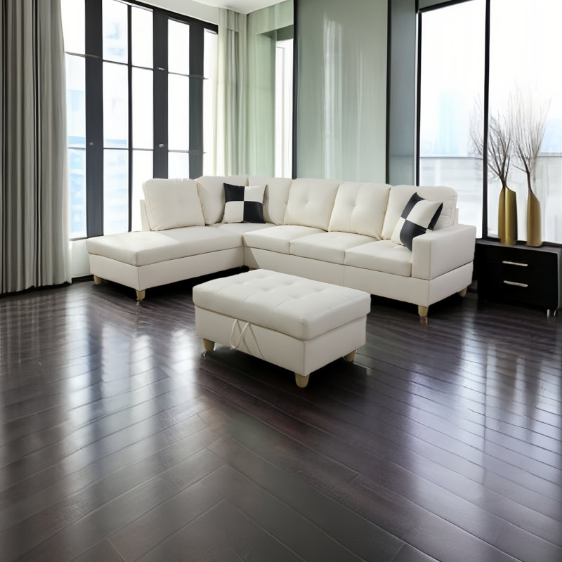 Erynne 3 - Piece L- Shaped Upholstered Living Room Sectional with Storage Ottoman, Ivory Faux Leather, Left Hand Facing