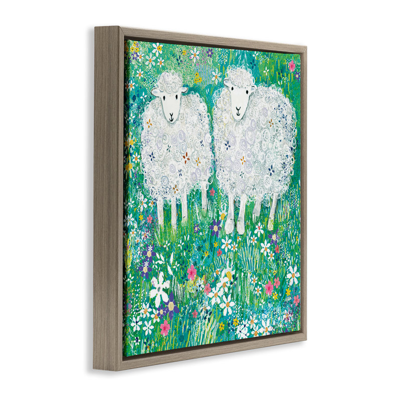 Cadre flottant Wooly Sheep avec fleurs dispersées, design par Clare Tupper, H 25 po x l 25 po, Cadre flottant orme Montalcino