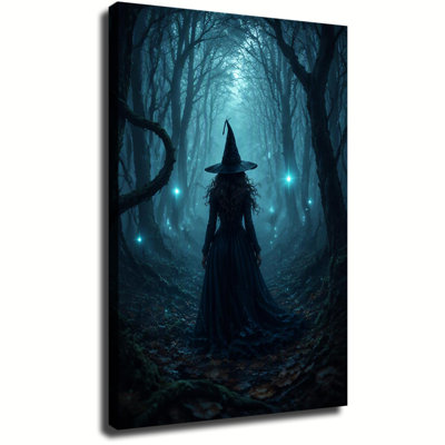 Enchanted Forest Witch Canvas Wall Art, Glowing Magic Lights Dark Woods Halloween Witch Painting, Mystic Home Wall Decor