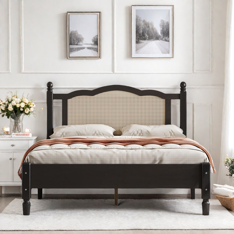 Bohemian Wooden Platform Bed With Natural Rattan Headboard And Arc Design, Black, Full / Double