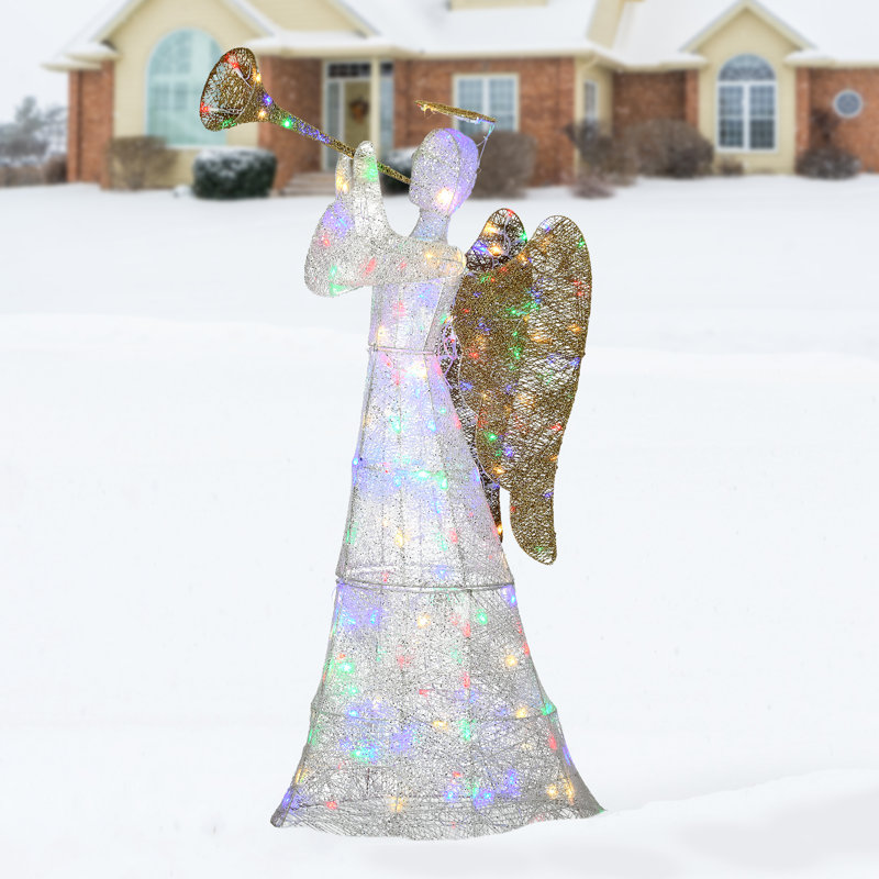 60-Inch White and Gold Sisal Trumpeting Angel with Multicolor LED Lights