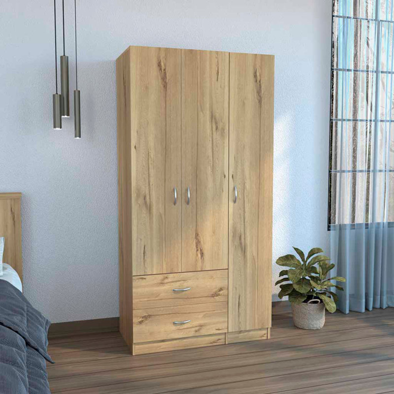 Armoire Ferrante avec trois tiroirs, cinq tablettes et tringle, rangement de chambre à coucher moderne, Chêne clair
