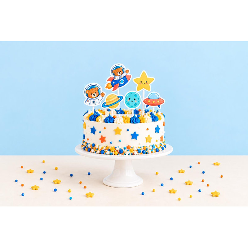 Astronaut Teddy Bear Cake Decorations, Baby Shower Space Toppers, Rocket Star Planet Picks