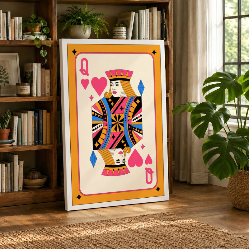 Queen of Hearts Modern 1 Piece Wrapped Canvas Wall Art, 24x16 - 61.0 x 40.6 cm, Taupe Border