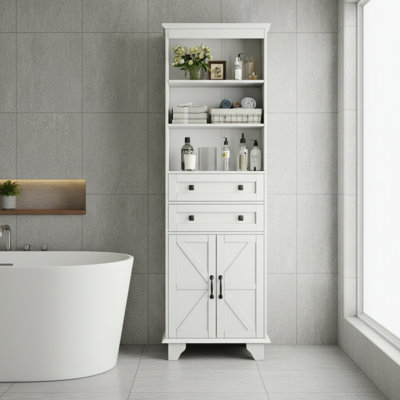 72-Inch Tall White Farmhouse Storage Cabinet With Barn Door, 2 Drawers, Adjustable Shelves, Versatile For Various Spaces.