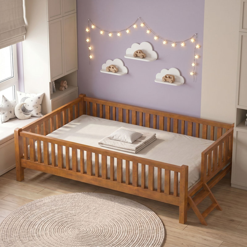 Lit plateforme simple en bois avec garde-corps, Noyer