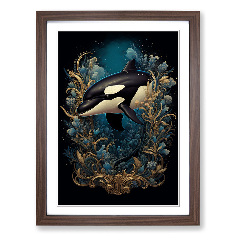 Orca Whale Baroque - Single Picture Frame Print on Wood, 34cm H x 25cm W x 2cm D, Walnut