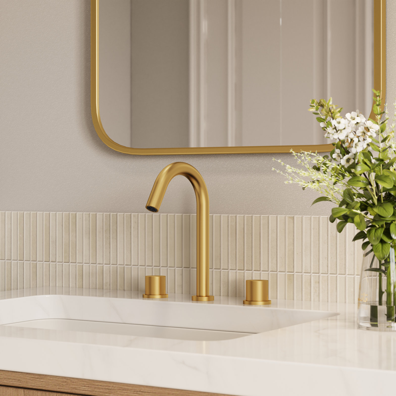 Widespread Bathroom Faucet with Drain, Brushed Gold