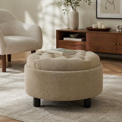 Repose-pieds de rangement de 25 pouces, repose-pieds rond, repose-pieds de table basse, table d'appoint en bois, pouf rembourré en tissu, petit meuble de rangement, rangement caché, décor de maison de campagne moderne, salon, chambre à coucher, chameau