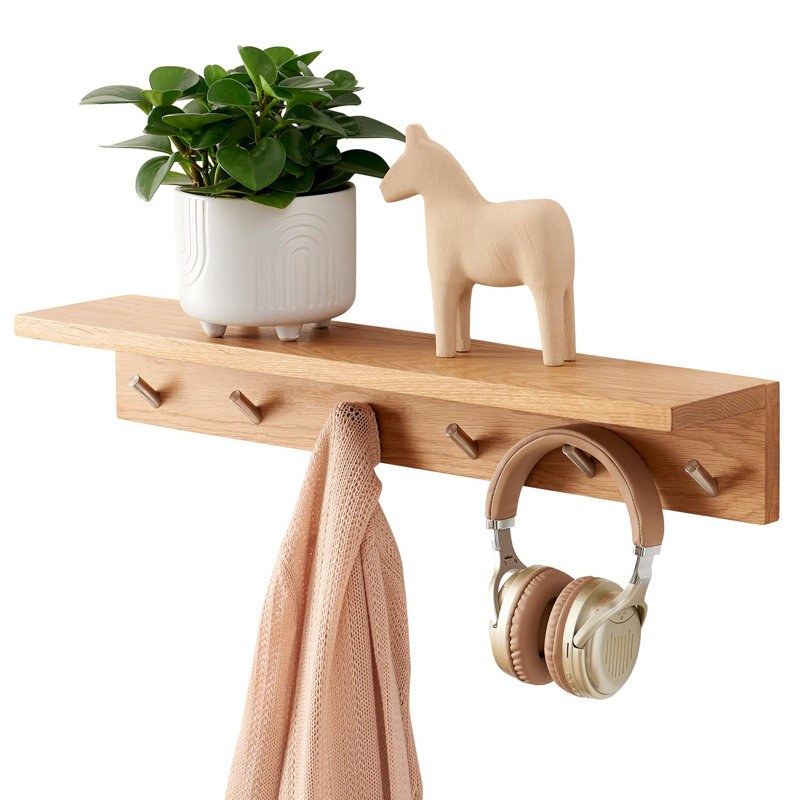 Bodak Wood Floating Shelf with Hooks, 11.00cm H x 70.00cm W x 14.00cm D