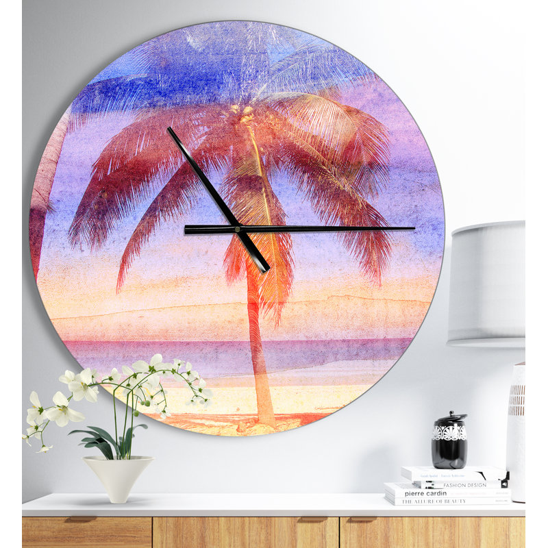Rétro palmier bleu clair aquarelle - horloge murale moderne, Moyen