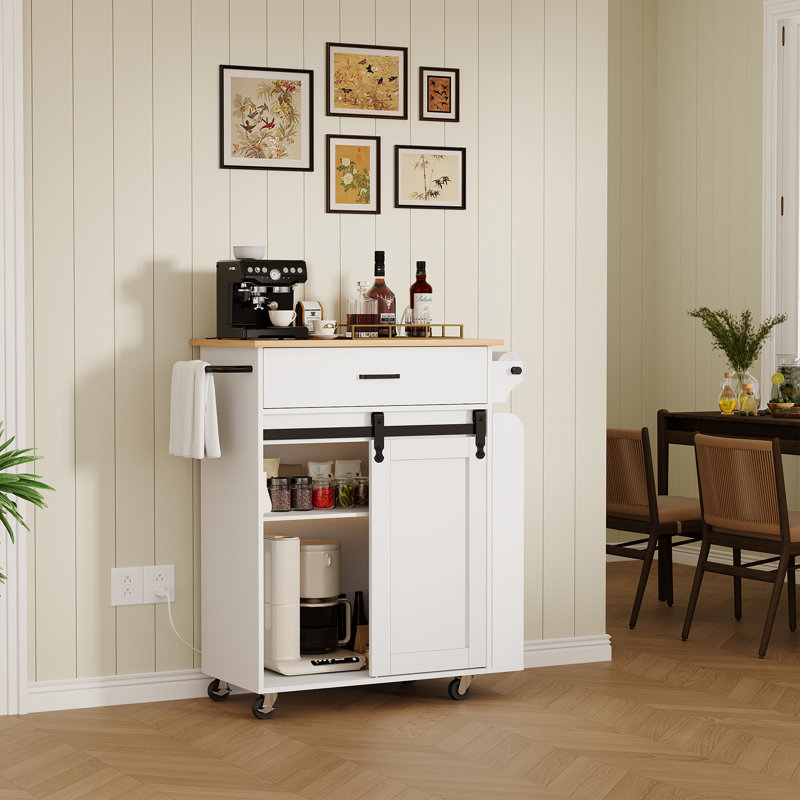  Chariot de cuisine pour îlot de cuisine avec station de chargement et de rangement Farmhouse, Blanc