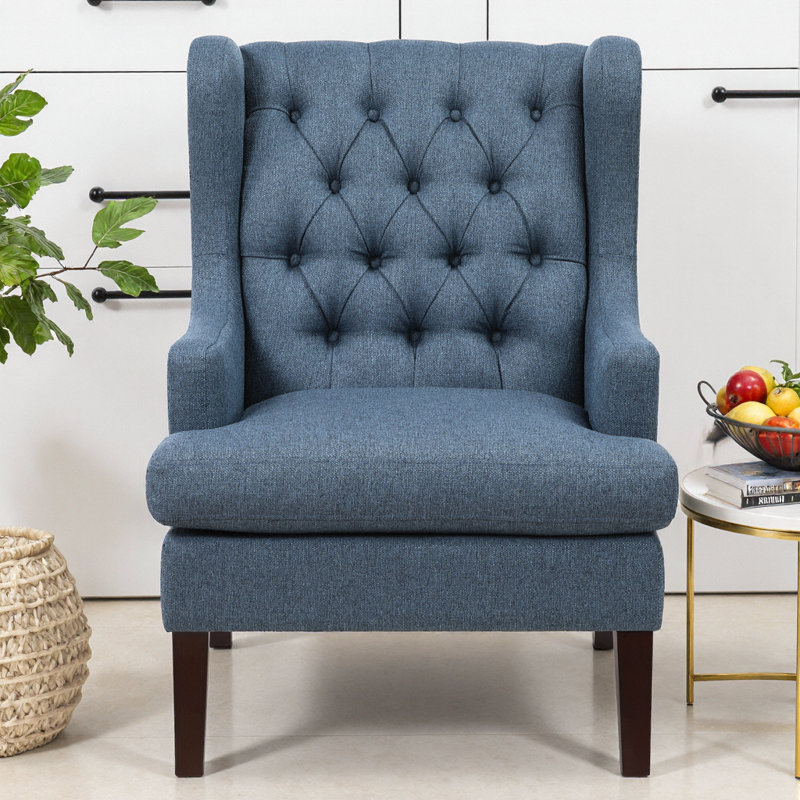 Fauteuil d'appoint en tissu capitonné à boutons bleus - siège rembourré en mousse et pieds espresso, l 29 po, Blue