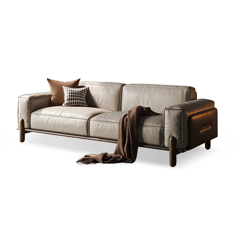 Mid century modern sofa,Genuine Leather sofa with Solid Wood,Loveseat couch, 29.53" H x 86.61" W x 37.4" D, Khaki/Coffee