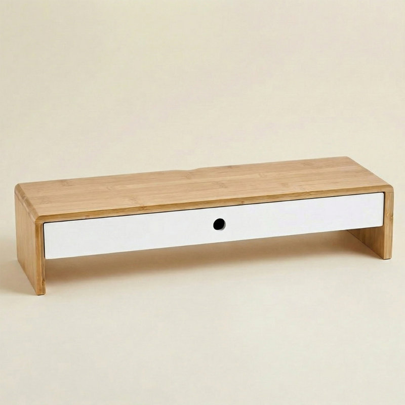 Natural Bamboo Computer Monitor Stand Ostos Riser For Desk With 2 Storage Drawers