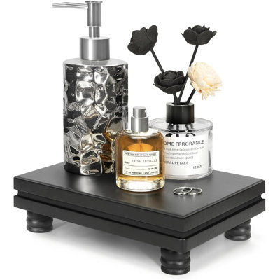 EOSAHR Decorative Pedestal Stand for Bathroom Decor – Small Display Stand for Kitchen Organizer & Soap Holder for Bathroom Sink – Wooden Tray to Beautify Home Decor (Black)