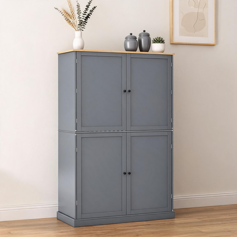 Simple armoire de plancher grise équipée de deux tiroirs, de deux planches réglables et de huit tablettes de porte, parfaites pour la cuisine à domicile
