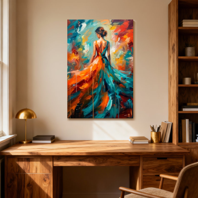 Abstrait coloré abstrait femme en robe fluide, H 18 po x l 12 po