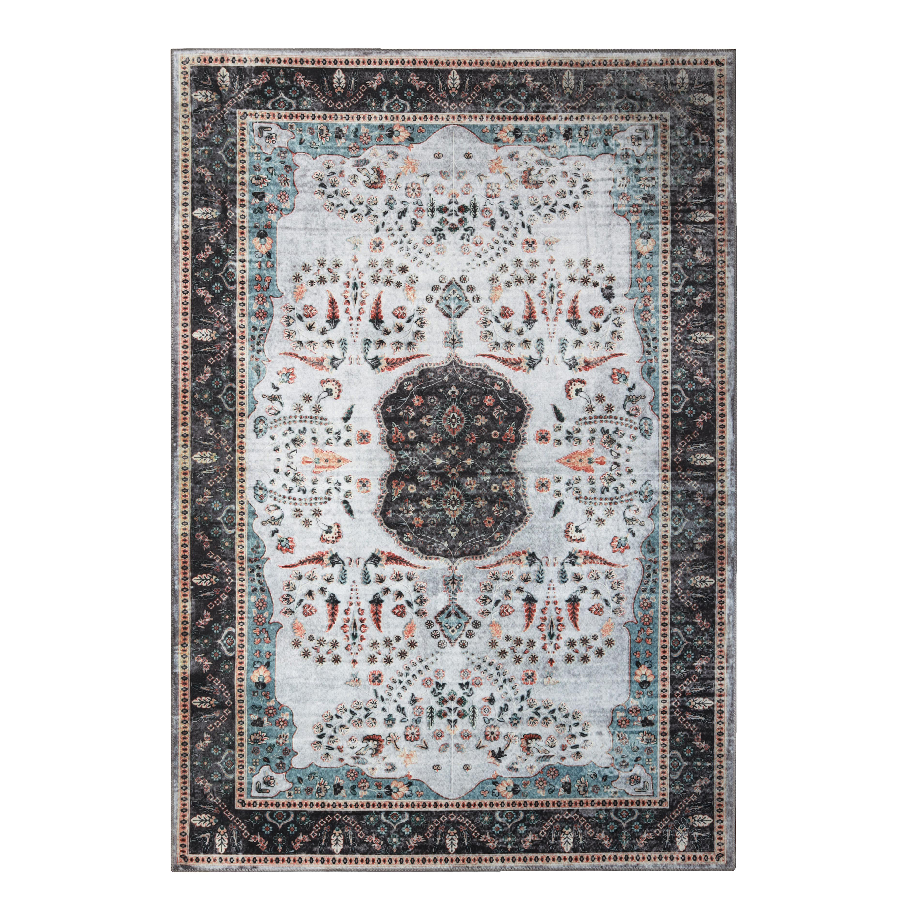 Bungalow Rose Distressed Medallion Border Traditional Machine Washable Indoor Rug | Wayfair