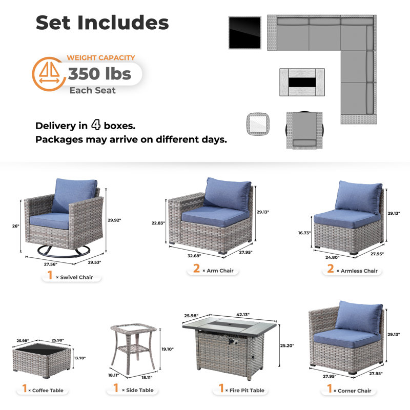 6-person Outdoor Sectional With Cushions,swivel Rockers And Fire Pit,all-weather Wicker Patio Set, Denim Blue