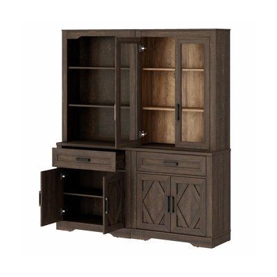 Glenford Kitchen Pantry With Barn Door,73.3" Tall Wood Storage Cupboard,Farmhouse Patry Cabinet With 2 Drawers And Glass Door For Dining Room,Living Room,Living Room,