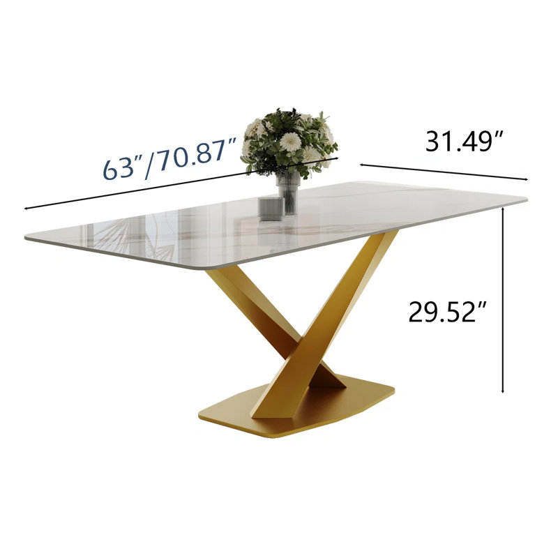 Modern Rectangular Dining table with Glossy Sintered Stone Table top, White Kitchen Table with Stainless Steel Legs for Dining Room
