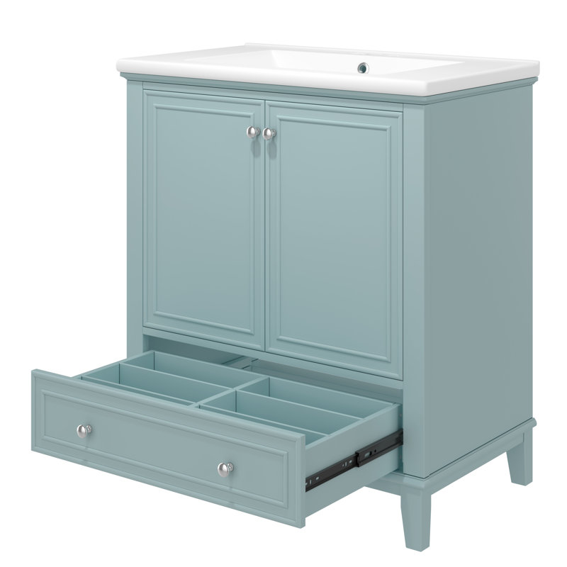 Meuble-lavabo traditionnel 30 po avec lavabo en céramique et structure en bois massif Oystra, Vert