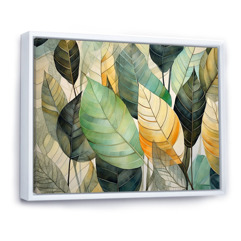 Feuilles vertes et jaunes tranquillité sur toile, H 16 po x l 32 po x P 1 po, Cadre flottant blanc