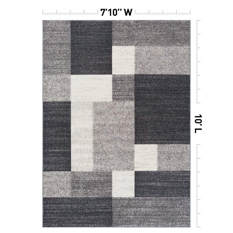 Akieba Geometric Tufted Gray/Black/Ivory Non-Slip Rubberback Area Rug, Rectangle 7'10" x 10'