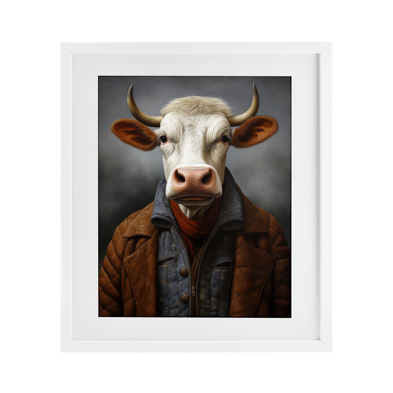 «Chianina Style Cow», reproduction encadrée sous verre, design par Ray Powers, Cadre blanc côtier, H 16 po x l 13 po