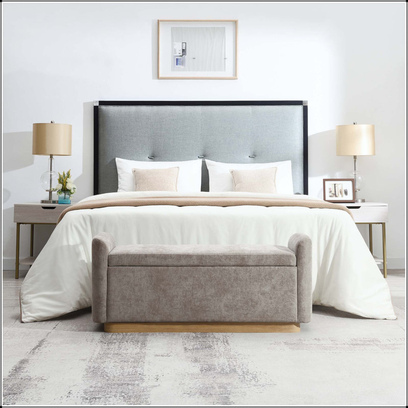Banc de rangement 49 po en chenille avec charnière de sécurité, base en métal doré et structure en bois, Brown, Brown