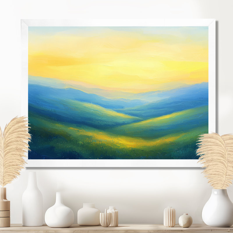 «Rolling Hills At Dawn IV», campagne, H 12 po x l 20 po, Avec cadre, Blanc