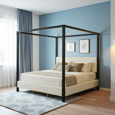 Modern Metal Canopy Bed With Plush Upholstery